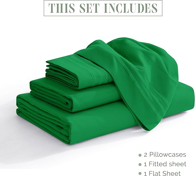 Elegant Comfort Luxurious 1500 Premium Hotel Quality Microfiber Three Line Embroidered Softest 4-Piece Bed Sheet Set, Wrinkle and Fade Resistant, Queen, Emerald Green