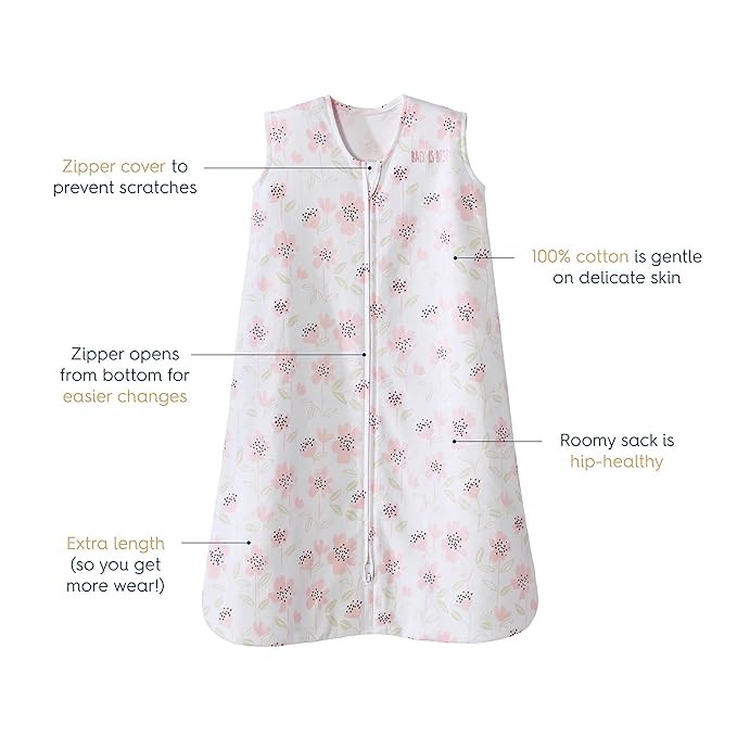 HALO SleepSack, 100% Cotton Wearable Blanket, Swaddle Transition Sleeping Bag, TOG 0.5, Wildflower Blush, Medium, 6-12 Months