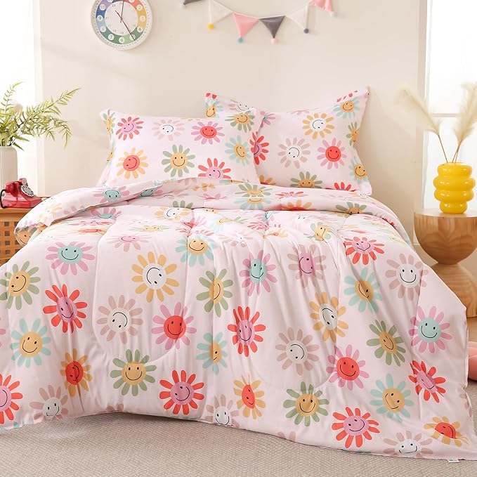 Yibeizi Floral Comforter Set for Girls Full Size, Kids Cute Patterned Bedding Set with Pillow Sham, Lightweight Soft Breathable Machine Washable Quilt Bed Comforter Set 3 Piece