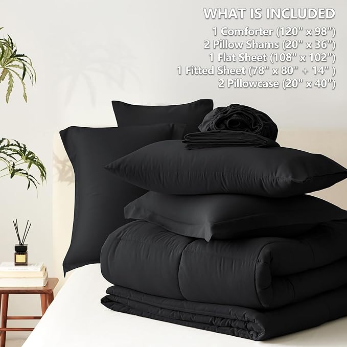 CozyLux Oversized King Comforter Sets Black, 7 Pieces Bed in a Bag, 120x98 Box Stitched Design Bedding Set, All Season Soft Bed Set with Down Alternative Comforter, Sheets, Pillowcases & Shams