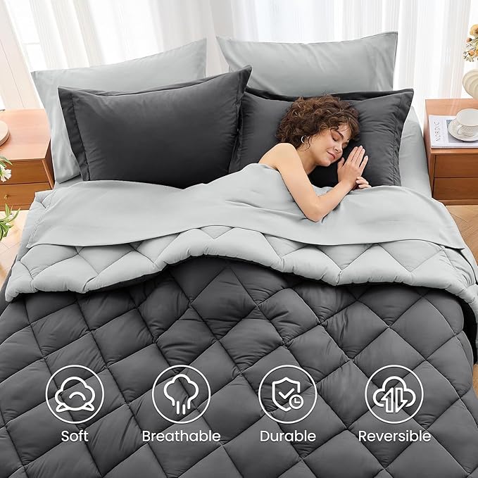 MUXHOMO 7 Pieces King Comforter Set, Reversible Bed in a Bag King Size, All Season Bedding Set with Comforter, Flat Sheet, Fitted Sheet, Pillowcases & Shams, Dark Grey & Light Grey