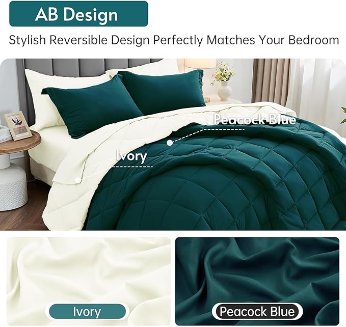 MUXHOMO 7 Pieces California King Comforter Set, Reversible Bed in a Bag Cal King Size, All Season Bedding Set with Comforter, Flat Sheet, Fitted Sheet, Pillowcases & Shams, Peacock Blue & Ivory