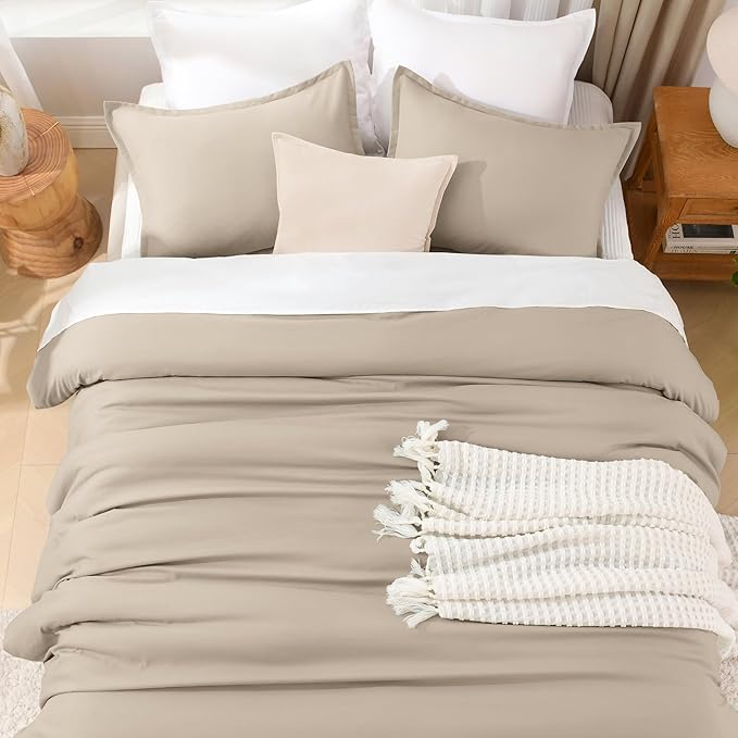 Litanika Comforters Khaki Oversized Queen Size, 3 Pieces Lightweight Solid Bedding Comforter Set, All Season Fluffy Bed Set (98x98In Comforter & 2 Pillowcases)