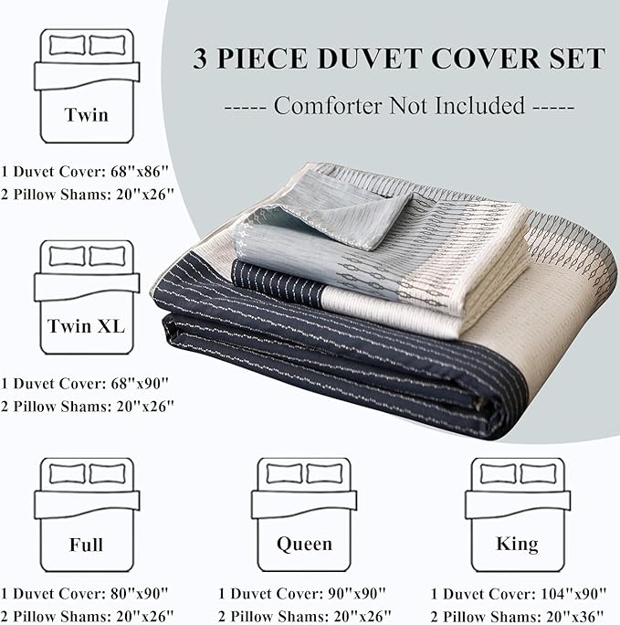 LifeTB Cotton Duvet Cover Queen White Blue Gray Stripe Comforter Cover Geometric Stripe Bedding Set Modern Soft Duvet Cover for Men Boy Teen Boho Queen Duvet Cover Set