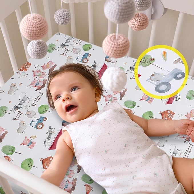 VitalCozy 4 Pcs Farm Animals Crib Sheet Set Newborn Bedding Nursery Baby Sheets for Girl Boys Baby Gifts for Standard Crib and Toddler Mattresses, 52 x 28 x 8 Inches