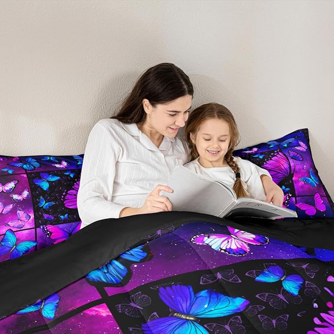Erosebridal Butterfly Comforter Set Starry Sky Galaxy Comforter Blue Purple Butterfly Bedding Sets Twin for Kids Girls Teens Women Bed,Aesthetics Butterflies Quilt Duvet Set 1 Pillow Case Room Decor