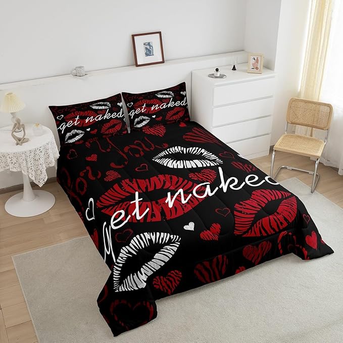 Feelyou Sexy Lips Comforter Funny Get Naked Comforter Set for Couple Lover Kiss Bedding Set White Red Woman Mouth Pattern Decor Duvet Set Room Decor Queen Size Quilt Set 3Pcs