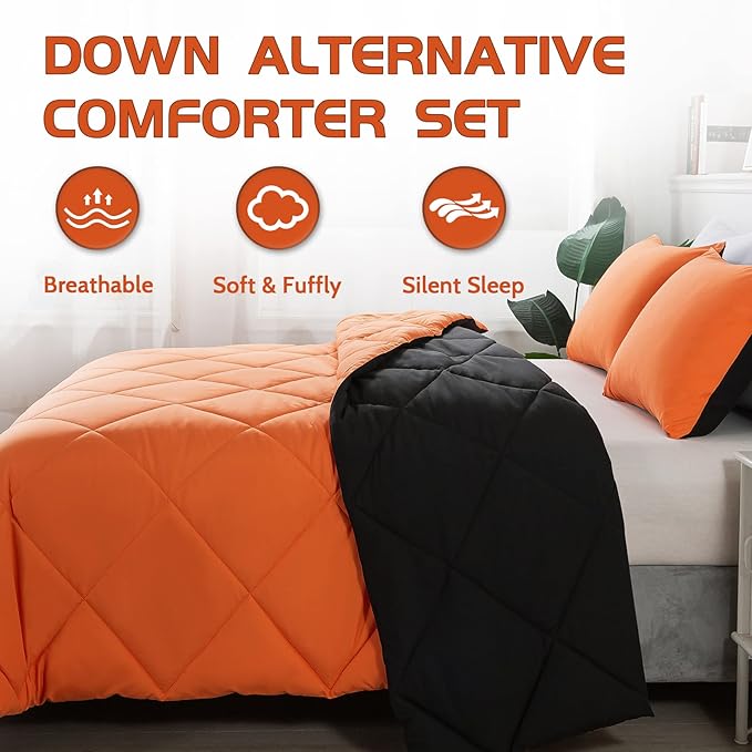 Decroom Lightweight Queen Comforter Set with 2 Pillow Sham - 3 Pieces Set - Quilted Down Alternative Comforter/Duvet Insert for All Season - Orange/Black - Queen Size