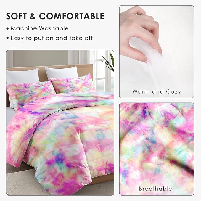 Twin Size Comforter Set with Pillowcase, Pink Yellow Painting Tie Dye Soft 2 Pcs Bedding for Kids and Adults Bedroom Bed Decor