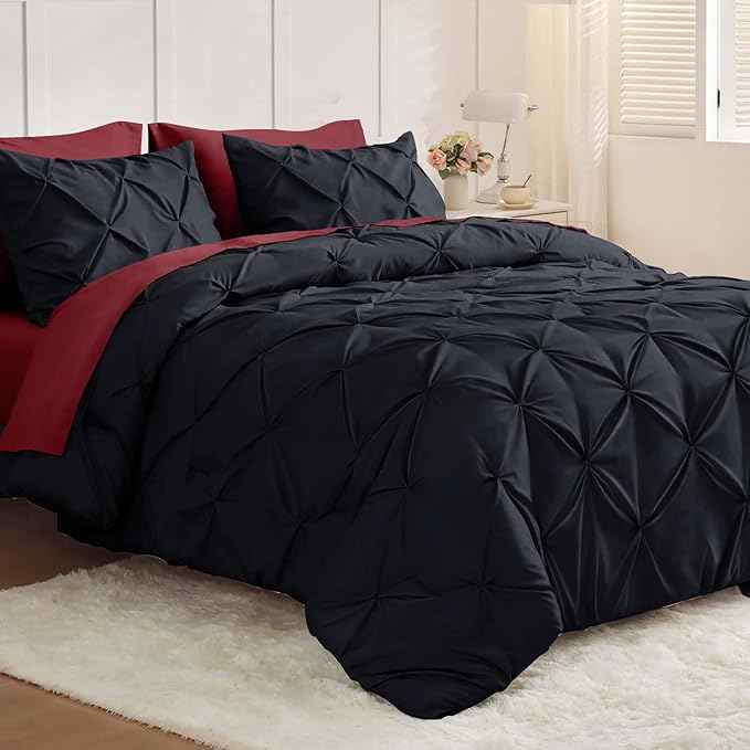JOLLYVOGUE Cal King Comforter Set 7 Pieces - Bed in a Bag Cal King for All Season, Pintuck Bedding Comforter Sets with Comforter, Flat Sheet, Fitted Sheet and Pillowcases & Shams, Black & Burgundy
