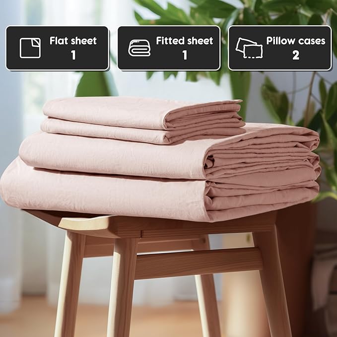 SONORO KATE 100% French Pure Linen Sheets, Breathable and Durable Linen Queen Size Sheets, Anti-Tear Linen Bed Sheets, Machine Washable, 16 Inch Deep Pocket - 4 Piece (Pink)