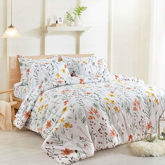 7 Pcs Queen Size Comforter Set with Sheets, White Yellow Floral, Green Leaf Pattern Print Reversible Down Alternative Bed Sets - 90x90 Soft Microfiber Duvet Farmhouse Bedding in a Bag for Women Men