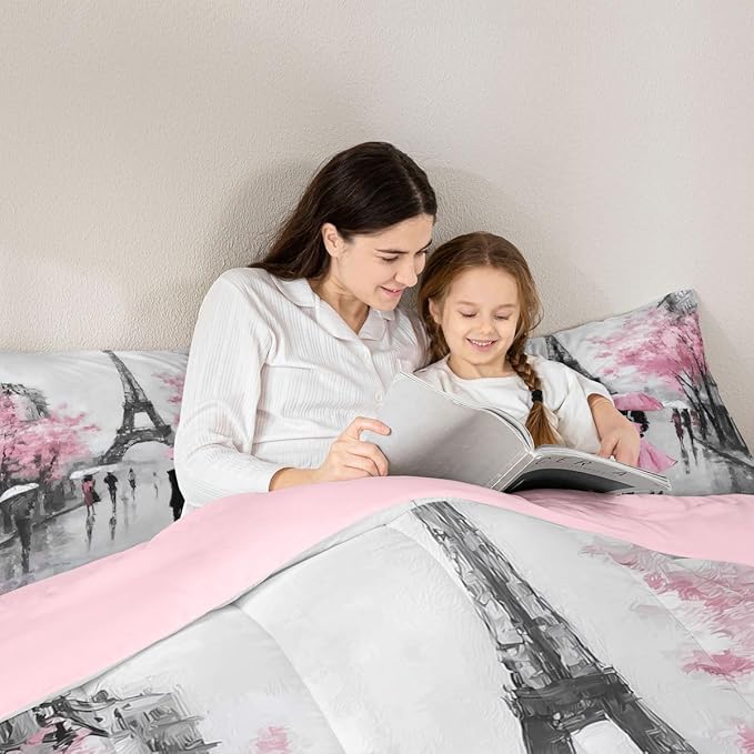 Paris Bedding Set Full Size Pink and Grey Eiffel Tower Comforter Set for Teen Girls Bedroom Decor Watercolor Cherry Blossoms Comforter Retro Couple Valentine's day Gifts Quilt Gray 2 Pillow Cases