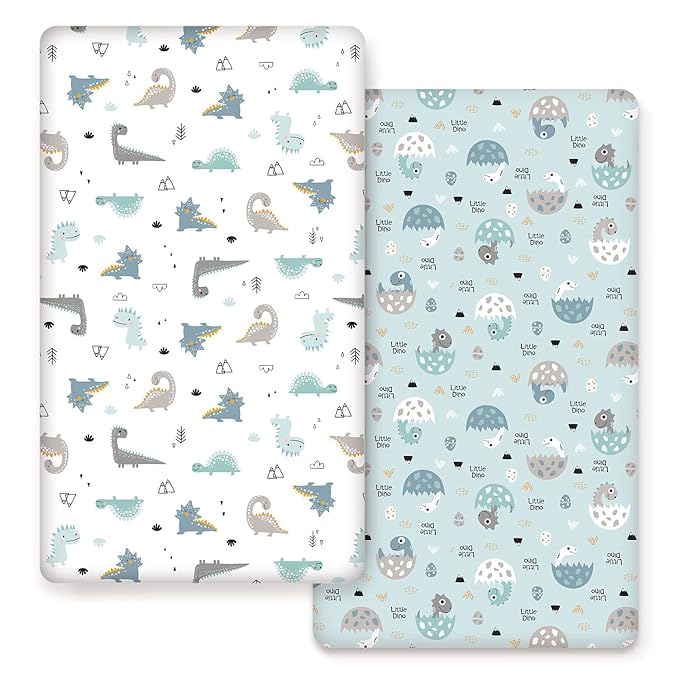 GRSSDER Stretchy Ultra Soft Jersey Knit Fitted Crib Sheets Set 2 Pack, Deep Pocket and Cozy Fits All Standard Crib Mattress Pads Safe and Snug, Happy Dinosaurs Print for Boys and Girls