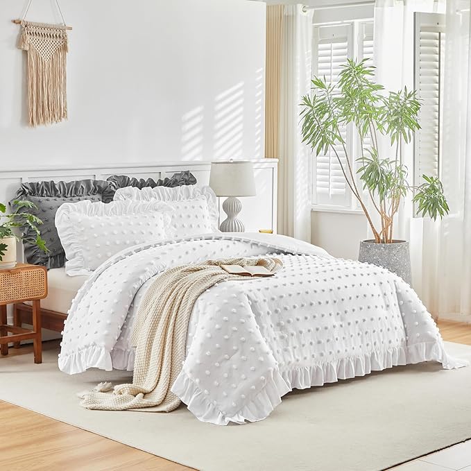 Tufted Dots Ruffle Comforter Set Full/Queen Size, 3 Pieces White Vintage Farmhouse Shabby Chic Comforters, Jacquard Boho Bohemian Bedding Set for All Season (1 Ruffled Comforter+ 2 Pillow Shams)