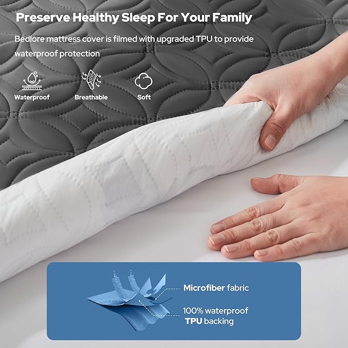 BEDLORE Waterproof Mattress Protector, RV Queen Size Mattress Pad Noiseless with Deep Pocket 6"-18" Depth, Soft Breathable Dirt-Proof Bed Mattress Cover Washable (Gray)