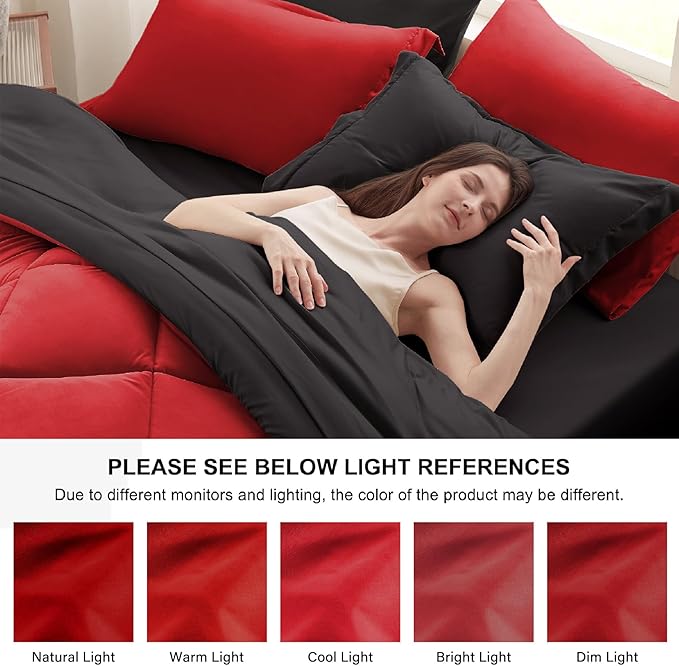 Anluoer King Comforter Set，Red and Black Bed in a Bag 7 Piece，Lightweight Bedding Set with Soft Down Alternative Fill，Bed Set Includes Comforter, Fitted Sheet, Flat Sheet，Pillowcases and Shams