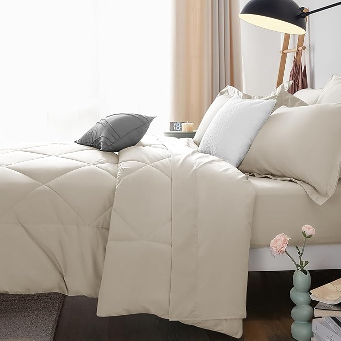 CozyLux California King Comforter Set Oatmeal - Cal King Bed in a Bag 7 Pieces, Luxury Soft Bed Set for All Seasons, Bedding Set with Down Alternative Comforter, Sheets, Pillowcases & Shams