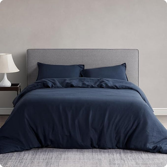 DAPU 100% Linen Duvet Cover Set - Pure Natural French Flax Linen with Corner Ties and Zipper Closure Soft Breathable Durable for Hot Sleepers 1 Duvet Cover 2 Pillowcases (Navy Blue, Full/Queen)
