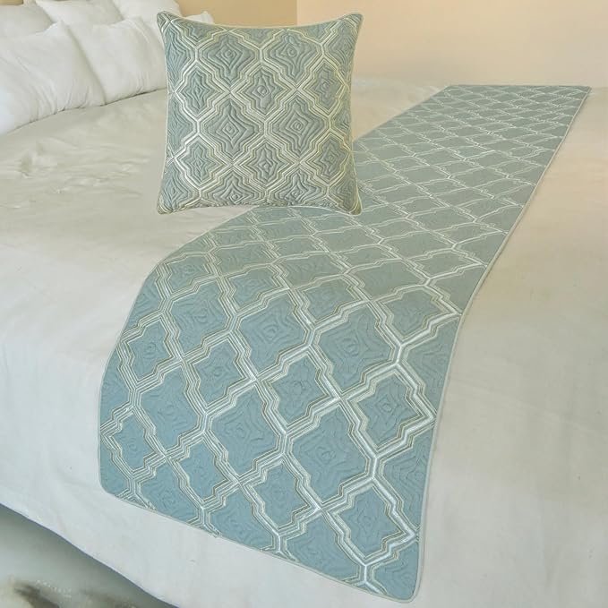 The HomeCentric King/Queen/Twin Light Blue Decorative Bed Runner Twin 53"x18" Bed Runner with Two Pillow Cover, Quiled, Embroidery Bed Scarf on Jacquard Fabric - Estelle