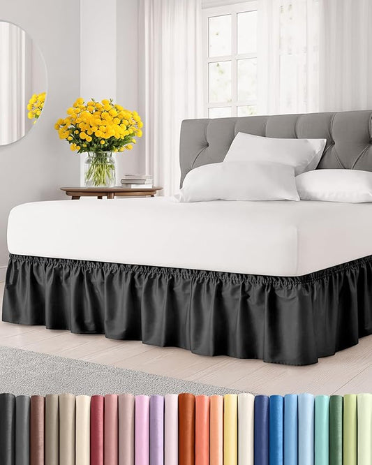 Wrap Around Dust Ruffle Bed Skirt - Black - for King Size Beds with 12 Inch Drop - Easy Fit Elastic Strap - Adjustable Pleated Bedskirt w/Brushed Fabric - Wrinkle Free - for Women, Men, Kids & Teens