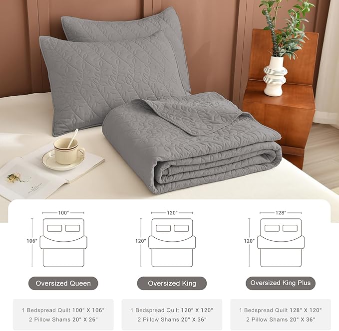 Lady Ann Gray Oversized King Bedspread 120x120, 3Pcs Extra Large Farmhouse Lightweight King Quilt Bedding Set Gray Soft Quilted Leaves Pattern Printed Bedspreads for All Season