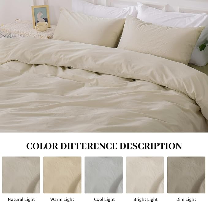 NEXHOME PRO Duvet Cover Set Queen Size Linen Feel Textured Cream Grey Organic Natural 100% Washed Cotton Duvet Cover 3 Pieces Bedding Set with Zipper Closure, Breathable, Soft (No Comforter)