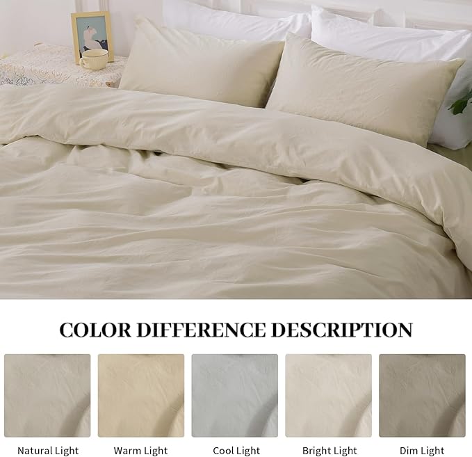 NEXHOME PRO Duvet Cover Set Oversized Queen 98"x98" Linen Feel Textured Cream Grey Organic Natural 100% Washed Cotton Duvet Cover 3 Pieces Bedding Set Zipper Closure, Breathable (No Comforter)