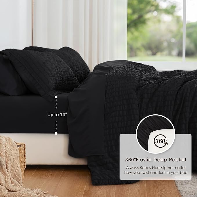 Love's cabin Seersucker Black Twin Comforter Set, 5-Piece All Season Lightweight Bed in a Bag Bedding Set with Comforter, Flat Sheet, Fitted Sheet, Pillowcase and Sham | Soft, Breathable, Lightweight