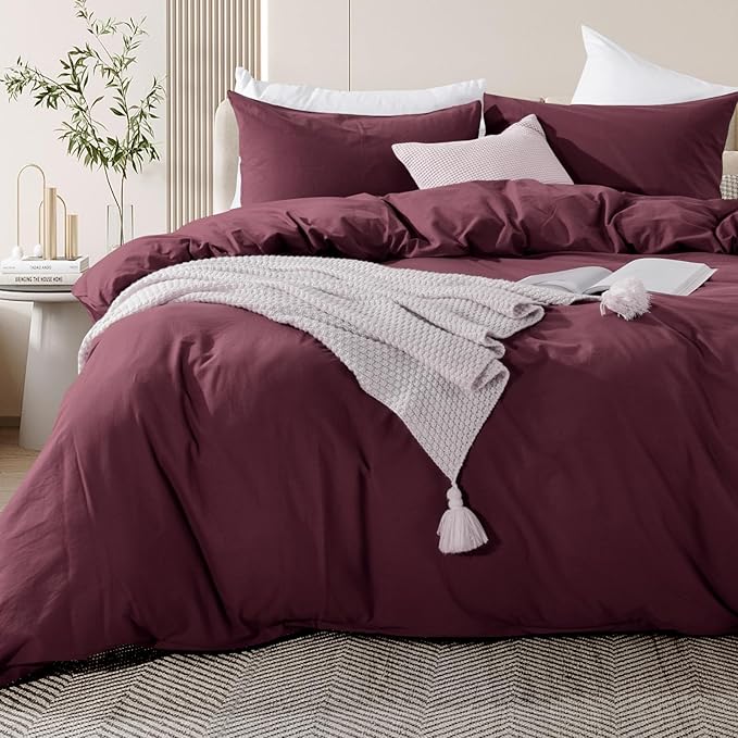 NEXHOME PRO Duvet Cover Set 100% Washed Cotton Kids Twin XL 66"x92", Organic Natural Linen Like Textured 2 Pieces Bedding Set Burgundy Dark Red with Zipper Closure, Breathable (No Comforter)