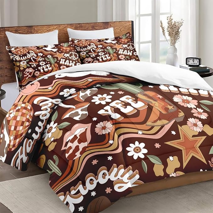 Full Size Comforter Set with 2 Pillowcases, 70S Retro Western Hippie Cowboy Soft 3 Pcs Bedding for Kids and Adults Bedroom Bed Decor