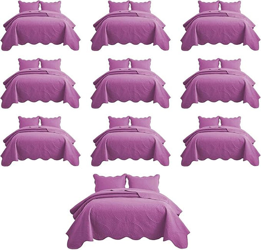 MOONLIGHT20015 10 Pack Twin Quilt Bedding Set (68" x 86") - Bulk Wholesale for Hotels, Guest Bedroom & Airbnbs - Lightweight Microfiber Reversible Floral Embossed Quilts Bedspreads (Purple)