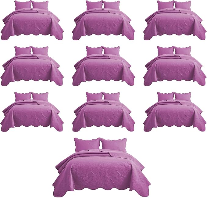 MOONLIGHT20015 10 Pack Queen Quilt Bedding Set (90" x 96") - Bulk Wholesale for Hotels, Guest Bedroom & Airbnbs - Lightweight Microfiber Reversible Floral Embossed Quilts Bedspreads (Purple)
