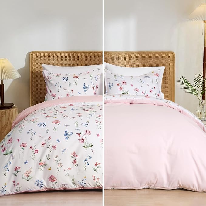 PHF Ultra Soft Floral Duvet Cover King Size, Printed Garden Bedding Set 3 Pieces, Comfy Durable Farmhouse Duvet Cover Set with 2 Pillow Shams, Zipper Closure and 8 Ties, 104"x90", White & Pink