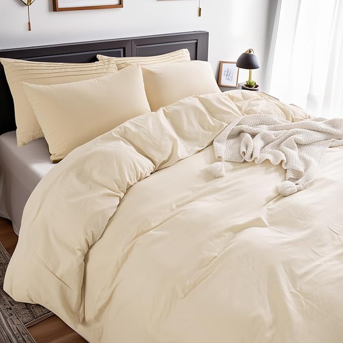 NEXHOME PRO Duvet Cover Set 100% Washed Cotton Oversized King 120"x98" Linen Feel Textured Organic Natural 3 Pieces Bedding Set with Zipper Closure, Breathable and Soft (No Comforter)