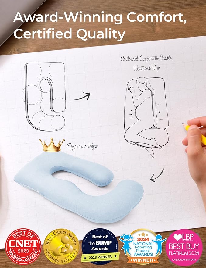 Momcozy Pregnancy Pillows for Sleeping, U Shaped Full Body Pillow for Pregnancy Women with Removable Jersey Cotton Cover, 57 Inch Maternity Pillow, Light Blue