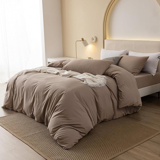 JIYUAN 100% Washed Cotton Duvet Cover Set 3 Pieces Alaska King, 1 Duvet Cover 132x120 Inches(Comforter Not Included) and 2 Pillowcases,Linen Feel Bedding Set Comfy and Breathable,Light Brown