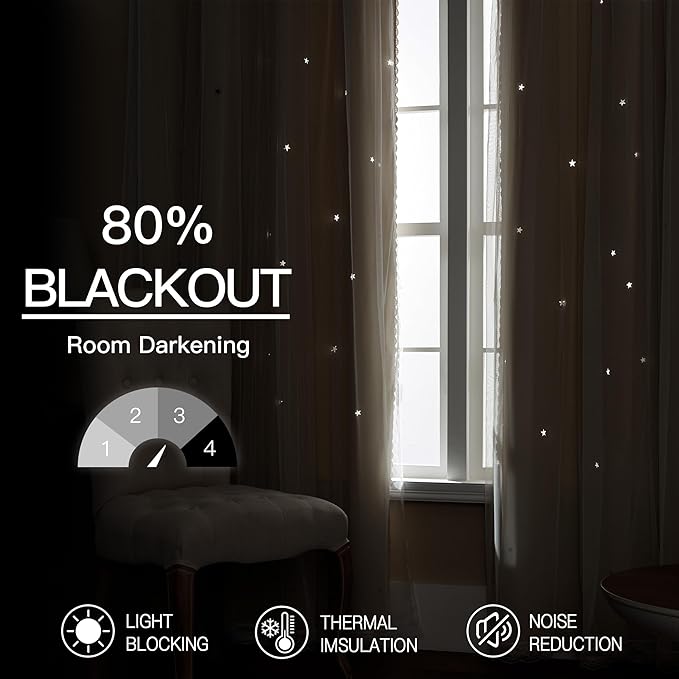 XiDi Beige Curtains with Sheer Overlay for Living Room Bedroom 2 Panels Star Hollow Out 80% Blackout Double Layer Curtains for Kids Girls Room Darkening Grommet Window Drapes with Tiebacks W52 X L54