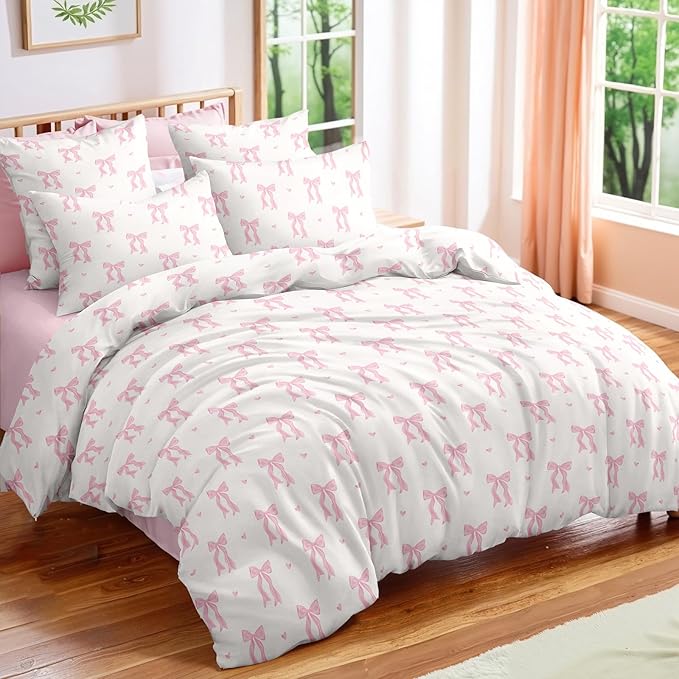 Nayoroom Pink Bow Duvet Cover Queen Size Heart Duvet Cover Coquette Bedding Set 3 Pieces Girls Cute Dorm Bedding Set with Pillowcases Soft Lightweight Microfiber