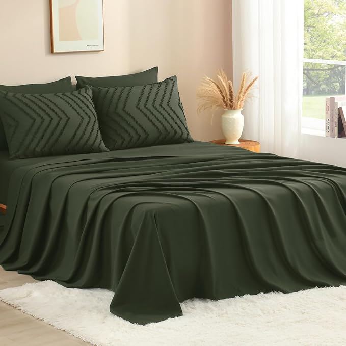 Litanika Super King Size Comforter Set with Sheets Olive Green - 7 Pieces Bed in a Bag Oversized King Boho Tufted Complete Bedding Sets with Comforter, Sheets, Pillowcases & Shams