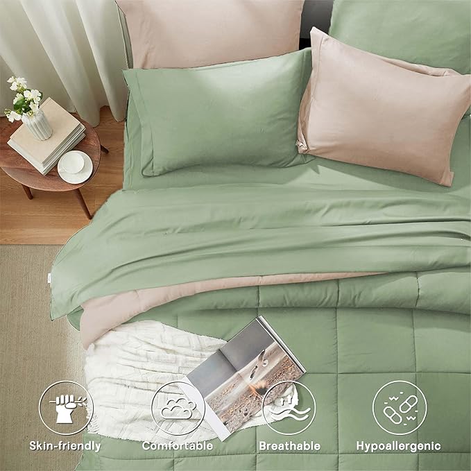 Anluoer King Size Bed in a Bag 7 Pieces, Sage Green Bed Comforter Set with Sheets, All Season Bedding Sets with 1 Comforter, 2 Pillow Shams, 2 Pillowcases, 1 Flat Sheet, 1 Fitted Sheet