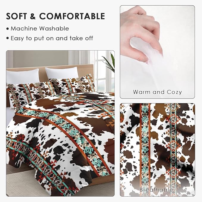 Queen Size Comforter Set with 2 Pillowcases, Animal Vintage Retro Soft 3 Pcs Bedding for Kids and Adults, Cow Brown Cowhide Comforter Set for Bedroom Bed Decor