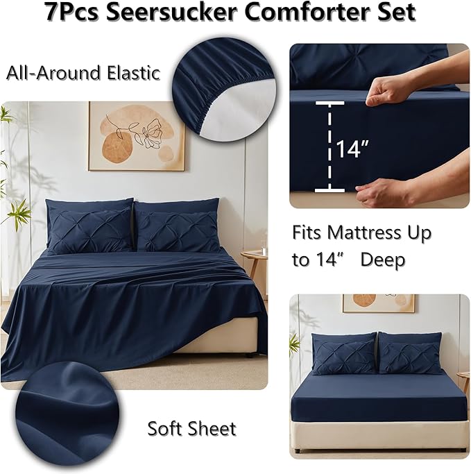 CozyLux Queen Comforter Set Navy Blue, 7 Pieces Pintuck Bed in A Bag, Premium Blue Comforter Queen Size, Pinch Pleat Bedding Sets with Comforter, Sheets, Pillowcases & Shams