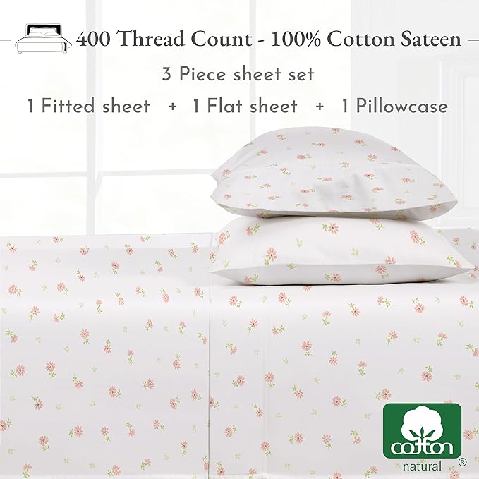 California Design Den Deep Pocket Twin Sheets Set - 400 Thread Count Sateen, Natural 100% Cotton Sheets, and Durable Bedding Set - Soft Floral