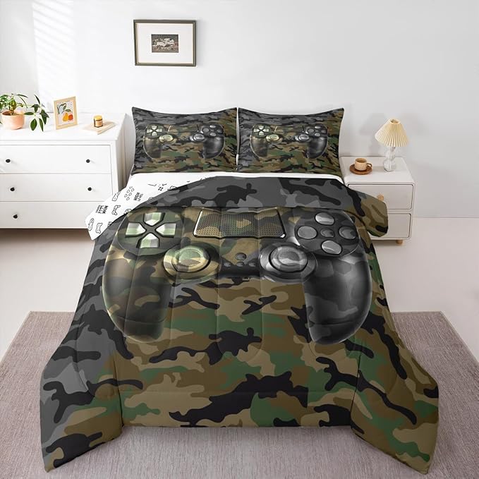 Feelyou Kids Gamer Comforter Set Camouflage Gaming Bedding Set for Boys Teens Bedroom Green Black Camo Video Game Decor Comforter Gamer Console Quilt Set Toddler Size Duvet Quilted 2Pcs