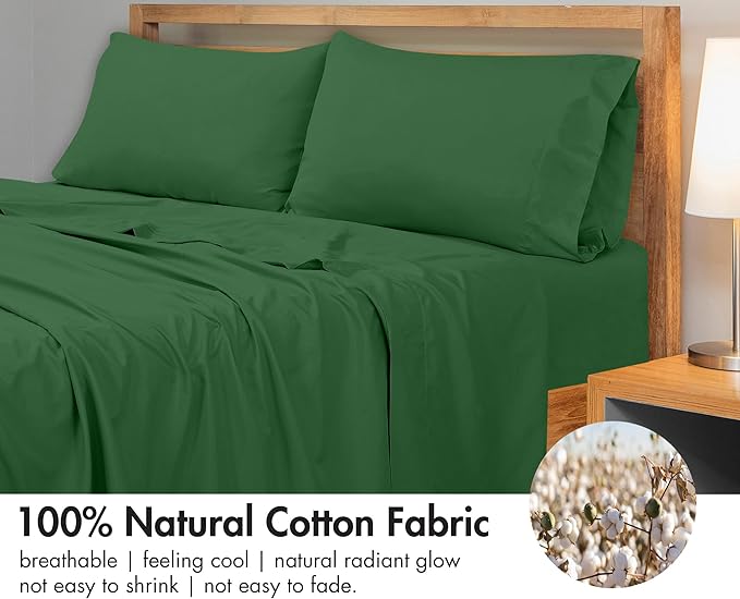Royale Linens 300 Thread Count 100% Long Staple Combed Cotton Flat Sheet - Super Soft- Top Sheets -Queen Flat Sheet Sold Separately- Breathable, Cool & Crisp Percale Sheets Only (Queen, Hunter Green)