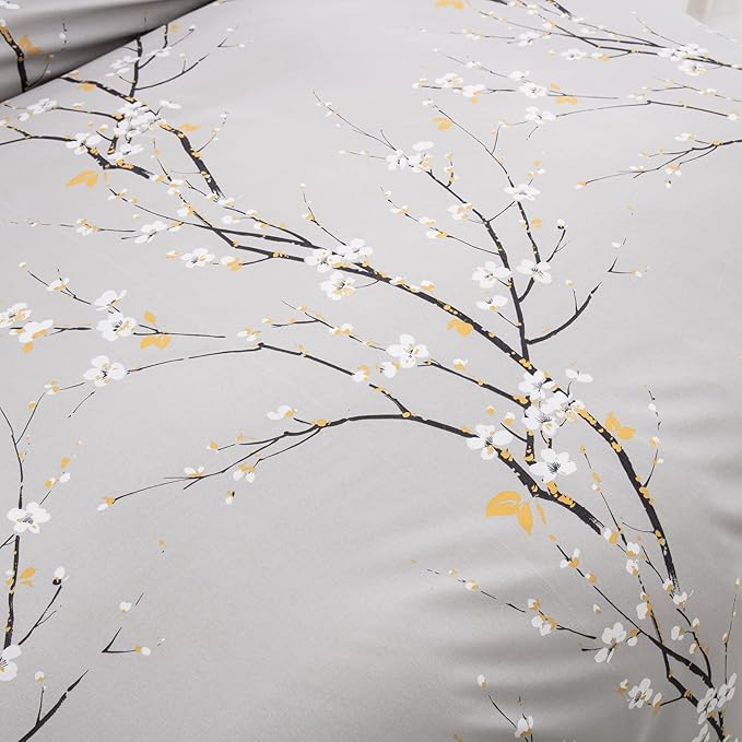 WONGS BEDDING Light Grey Floral Duvet Cover Set King, Flower Plum Blossom Prnited Bedding Set with 2 Pillowcase,3 Pcs Lightweight Comforter Cover with Zipper Closure for Kids 90"x103"(Not Comforter)