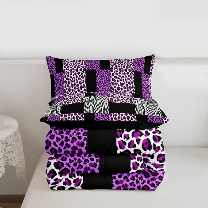 Erosebridal Patchwork Purple Cheetah Print Comforter Set Black White Zebra Bedding Set Queen for Teen Girls Women,Leopard Comforter Wild Animal Bedding Quilt with 2 Pillowcases Home Room Decor