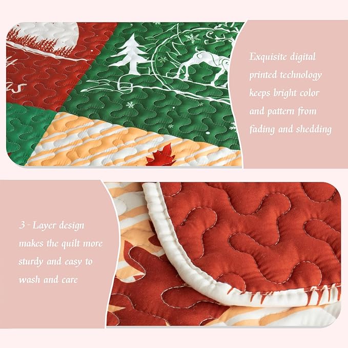 Whale Flotilla Christmas Quilt Twin Size, Soft Boho Patchwork Bedspreads for Bed Reversible Lightweight Twin Quilt Bedding Set Coverlets with 1 Pillow Sham for All Seasons, Happy Christmas