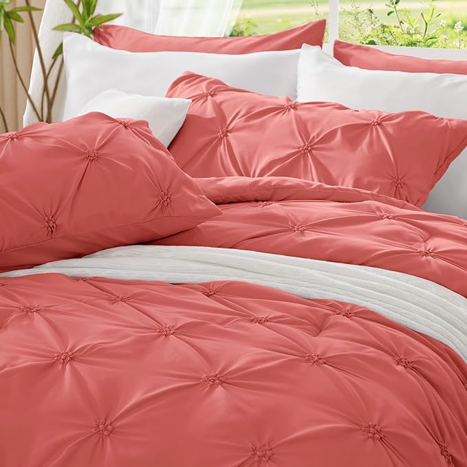 BEDELITE Coral Queen Comforter Set - 3 Pieces Boho Pintuck Bedding Comforter Sets, Lightweight Soft & Warm Bed Comforter Queen with 2 Pillowcases for All Season